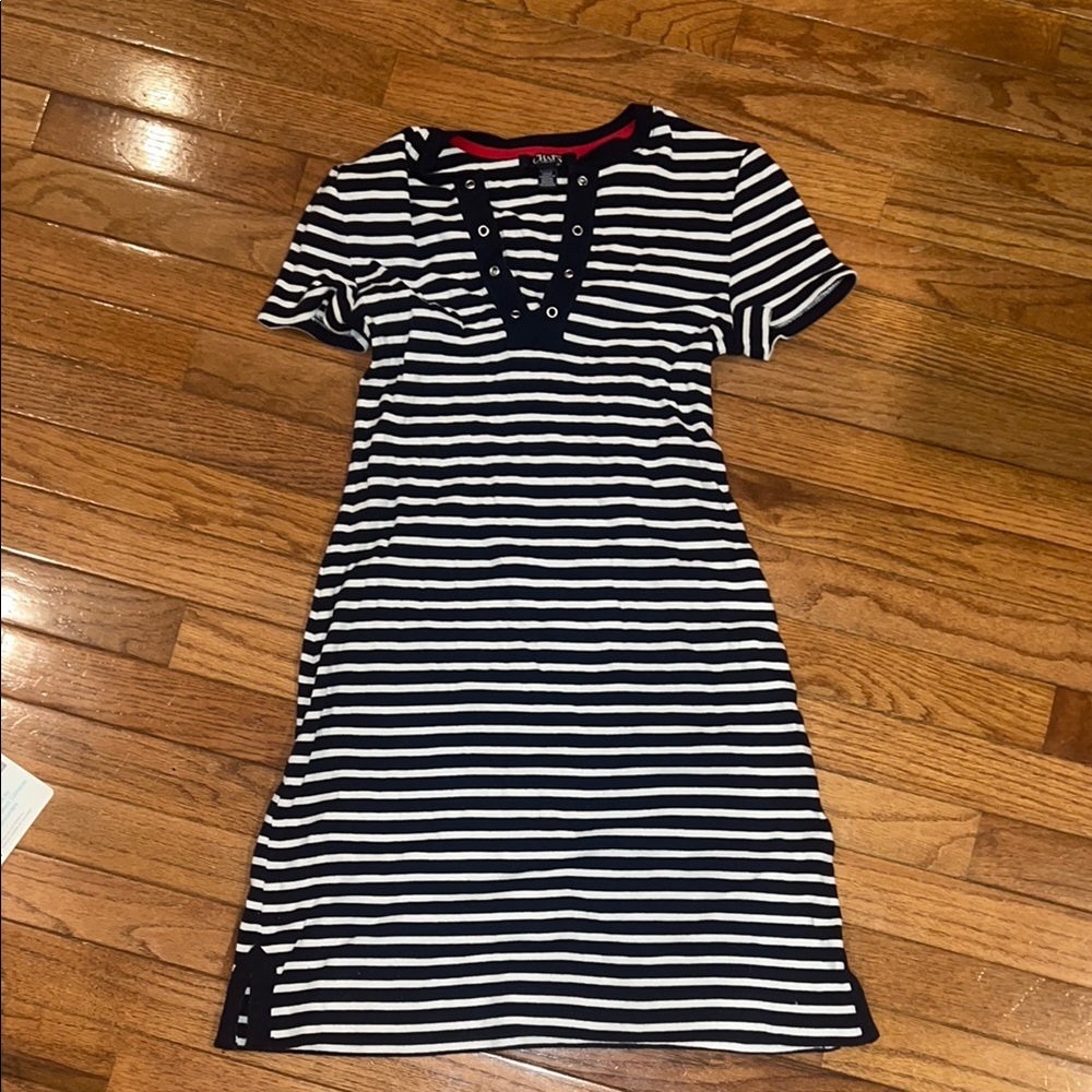 Chaps Navy and White V-Neck Short Sleeve Midi Dress